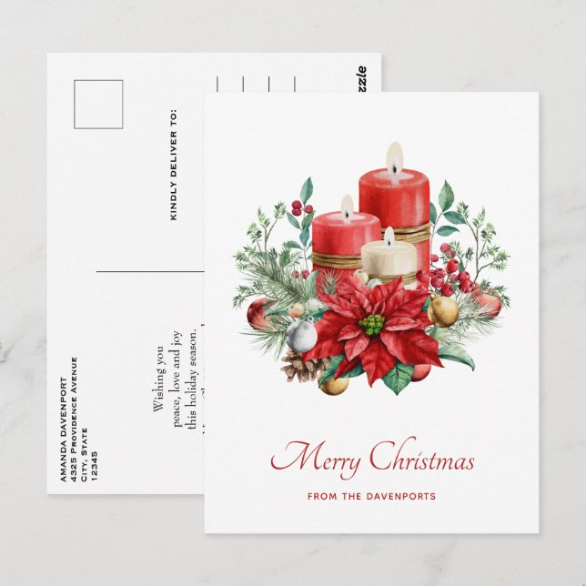 Carte Postale Bougies aquarelle et Noël au poinsettia (Devant / Derrière)