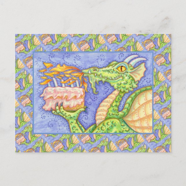 CARTE POSTALE BOUGIES D'ANNIVERSAIRE DRAGON À L'HALEINE DE FEU (Devant)