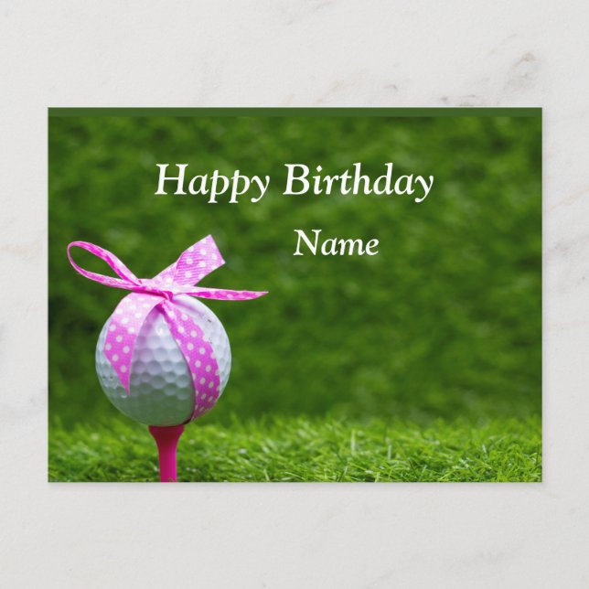 Carte Postale Boule de golf avec ruban rose femme golfeur annive (Devant)