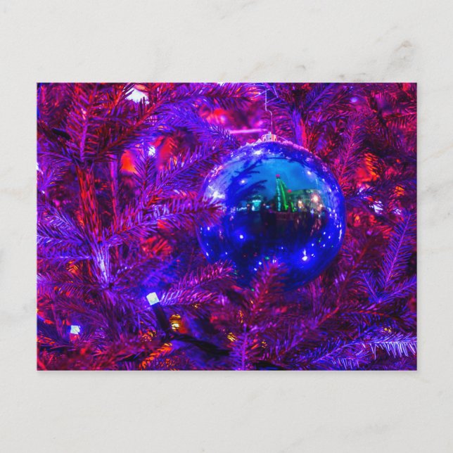 Carte Postale Boule de Noël bleue, Sapin violet (Devant)