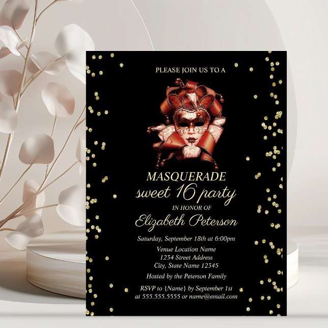 Carte Postale Boule Masquerade Gold Diamonds Sweet 16 Invitation (Créateur téléchargé)