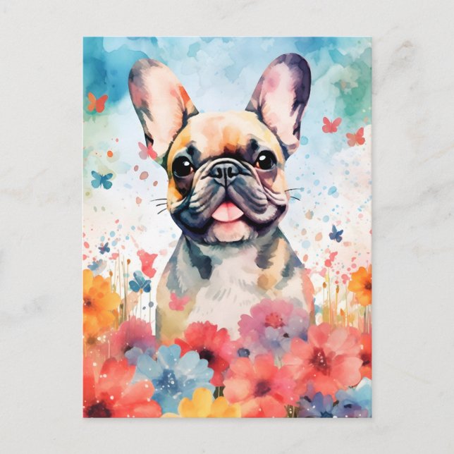Carte Postale Bouledogue français aquarelle colorée (Devant)