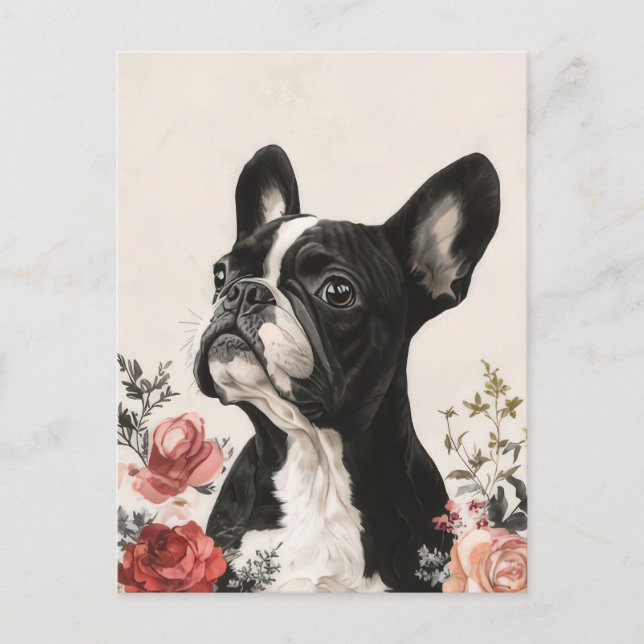 Carte Postale Bouledogue Français Aquarelle Florale  (Devant)