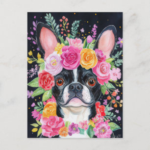 Carte Postale Bouledogue Français Aquarelle Florale 