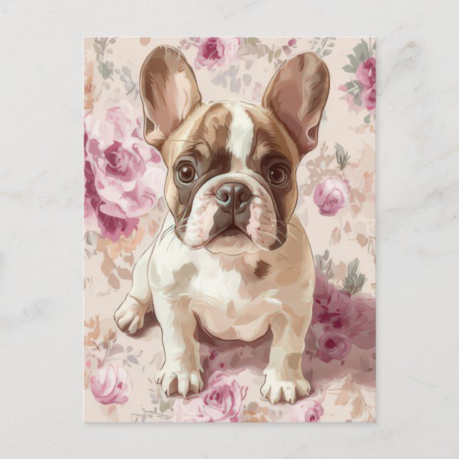 Carte Postale Bouledogue Français Aquarelle Florale  (Devant)
