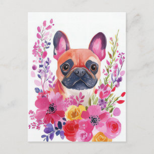 Carte Postale Bouledogue Français Aquarelle Florale 
