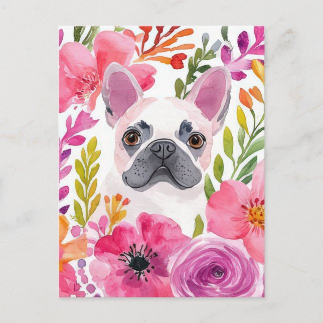 Carte Postale Bouledogue Français Aquarelle Florale  (Devant)