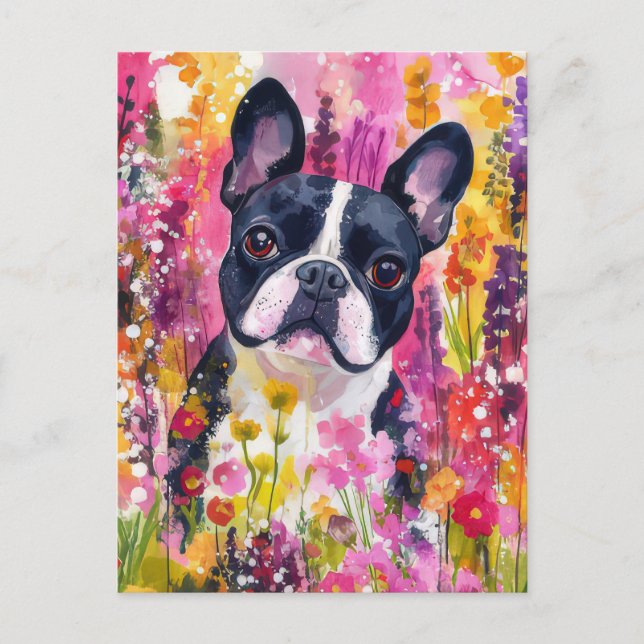 Carte Postale Bouledogue Français Aquarelle Florale  (Devant)