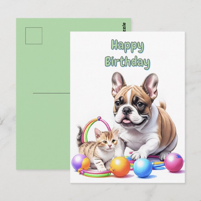 Carte Postale Bouledogue français avec chat (Devant / Derrière)