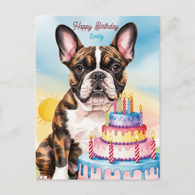 Carte Postale Bouledogue français avec gâteau d'anniversaire (Devant)