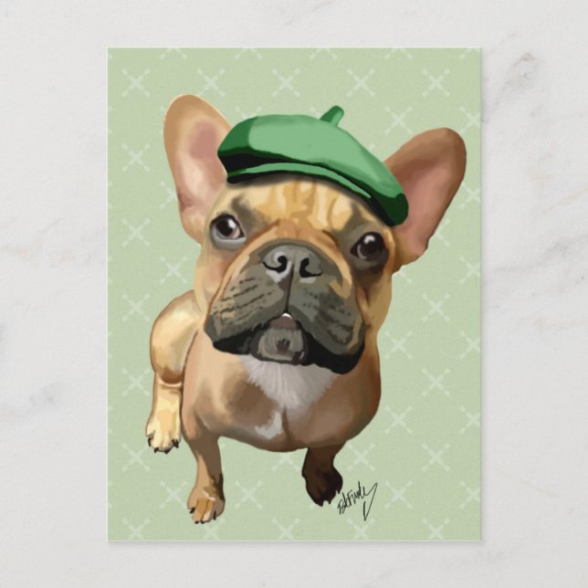 Carte Postale Bouledogue français Brown avec le casquette vert (Devant)