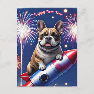 Carte Postale Bouledogue français Nouvel An amusant fusée