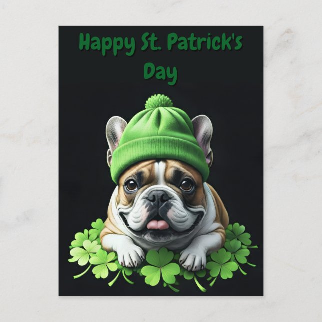 Carte Postale Bouledogue français Saint-Patrick chance de trèfle (Devant)