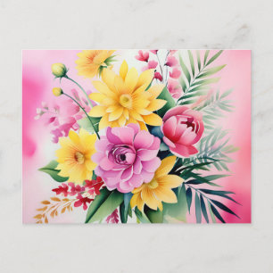 Carte Postale Bouquet aquarelle vibrant de jaune et rose