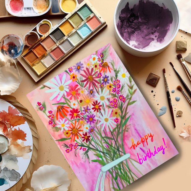 Carte Postale Bouquet coloré de marguerites Joyeux Anniversaire (Beautiful watercolor bouquet birthday card postcard. Customize with your own text)