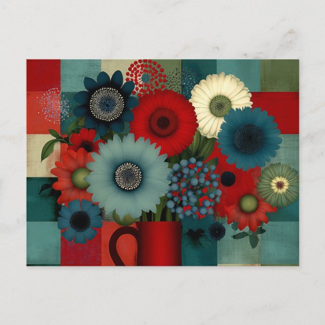 Carte Postale Bouquet de Bleuet Patchwork de Ferme (Devant)
