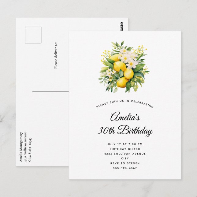 Carte Postale Bouquet de citron aux fleurs blanches Anniversaire (Devant / Derrière)