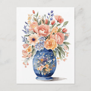Carte Postale Bouquet de fleurs bleu Vase aquarelle peinture