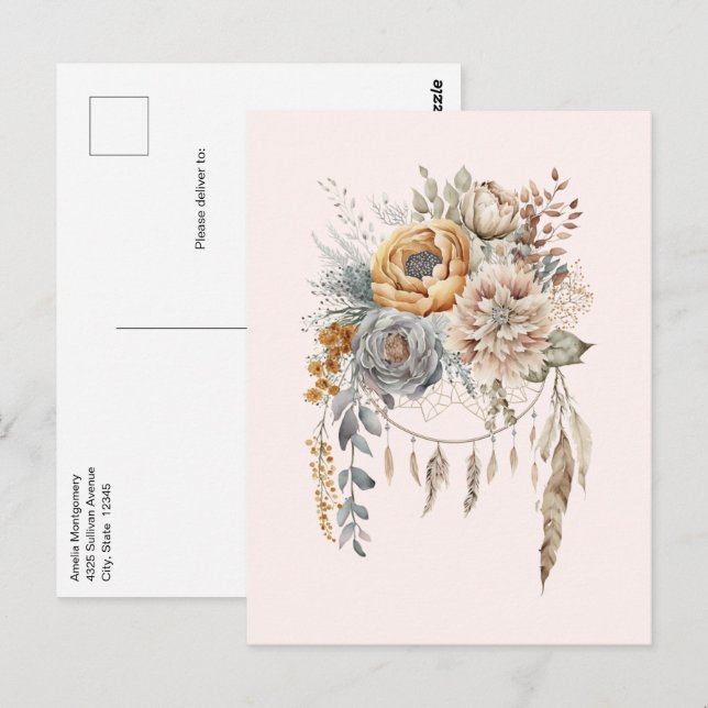 Carte Postale Bouquet de fleurs Boho et Dreamcatcher (Devant / Derrière)