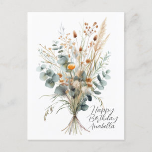 Carte Postale Bouquet de fleurs Calligraphie Joyeux anniversaire