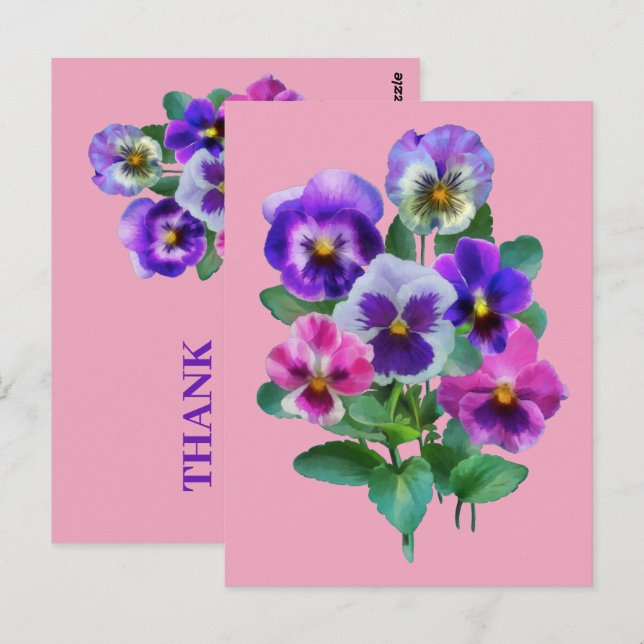 Carte Postale Bouquet de fleurs de violettes pensées MERCI (Devant / Derrière)