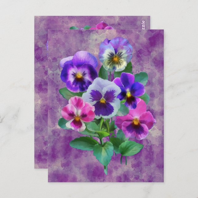 Carte Postale Bouquet de fleurs de violettes pensées MERCI (Devant / Derrière)