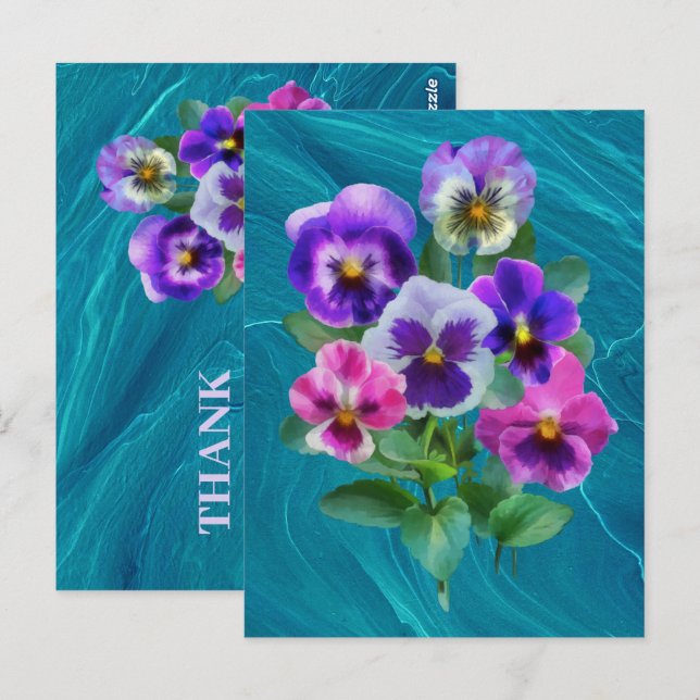 Carte Postale Bouquet de fleurs de violettes pensées MERCI (Devant / Derrière)