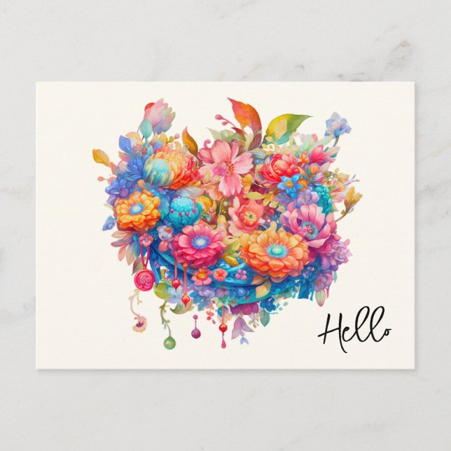 Carte Postale Bouquet de fleurs d'été Whimsical Boho Bonjour (Devant)