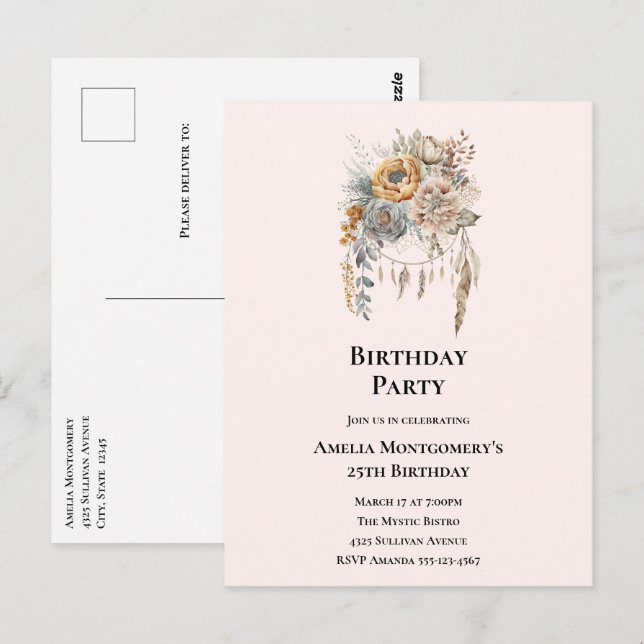 Carte Postale Bouquet de fleurs élégant avec anniversaire de rêv (Devant / Derrière)