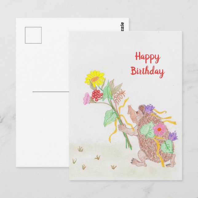 Carte Postale Bouquet de fleurs et hérisson (Devant / Derrière)