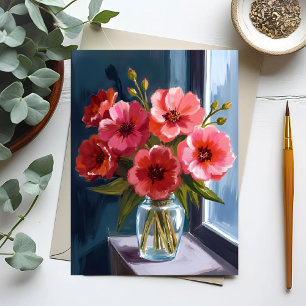 Carte Postale Bouquet de fleurs rouges vase peinture aquarelle