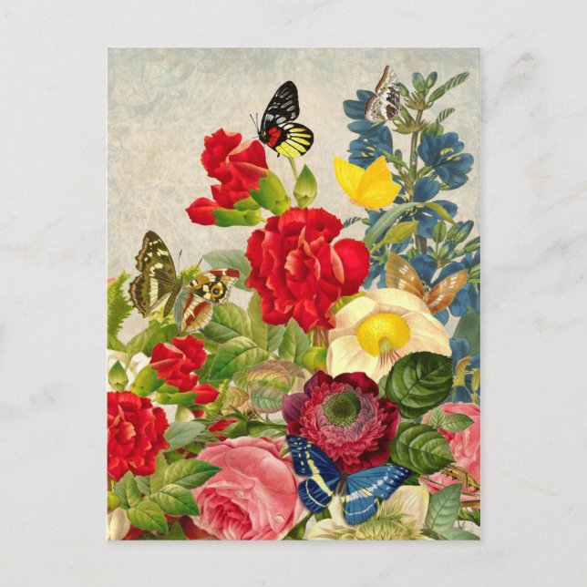 Carte Postale Bouquet de fleurs vintages aux papillons (Devant)