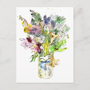 Carte Postale Bouquet de jardin d'été à l'aquarelle et à l'encre