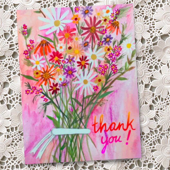 Carte Postale Bouquet de marguerites colorées Merci (Pretty watercolor wildflower daisy bouquet custom thank you card)