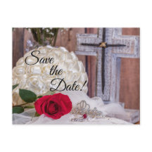 Bouquet de mariage, anneaux, rose rouge, croix