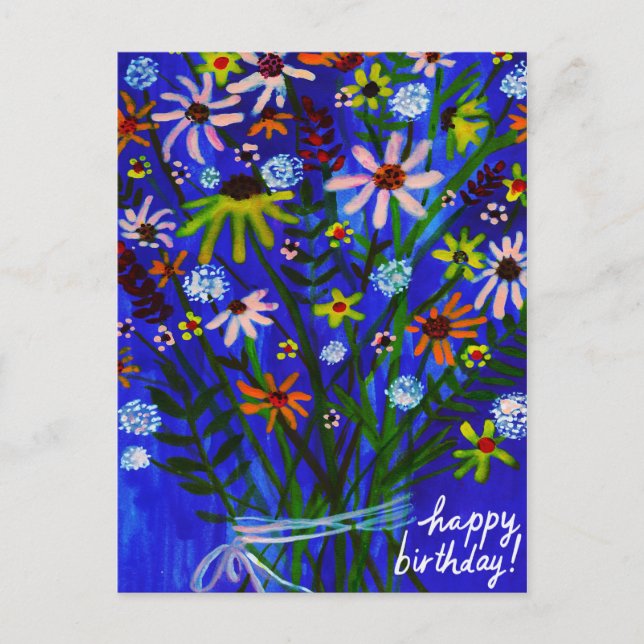 Carte Postale Bouquet de pâquerettes coloré Bleu Anniversaire co (Devant)