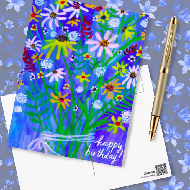 Carte Postale Bouquet de pâquerettes colorées personnalisé bleu  (Happy birthday blue bouquet watercolor postcard. Customize with your own text)