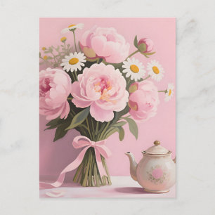 Carte Postale Bouquet de pivoines roses et marguerites