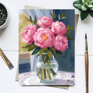 Carte Postale Bouquet de pivoines roses Peinture florale aquarel