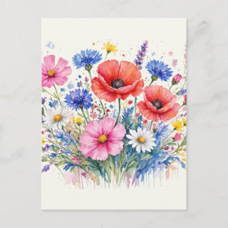 Carte Postale Bouquet de prairie de fleurs sauvages à l'aquarell
