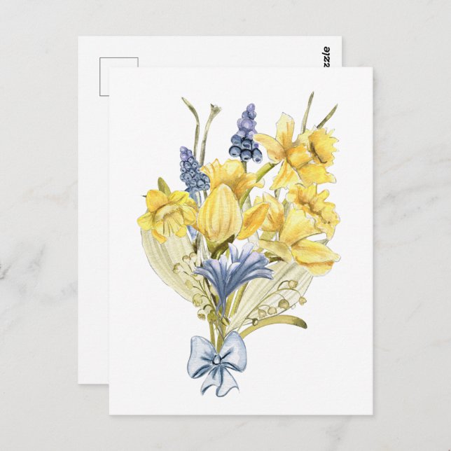 Carte Postale Bouquet de printemps d'aquarelle avec jonquilles j (Devant / Derrière)