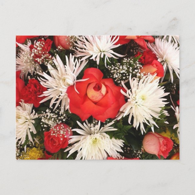 Carte Postale Bouquet de rose rouge et fleurs blanches (Devant)