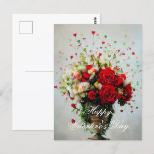 Carte Postale Bouquet de roses et de cœurs valentin