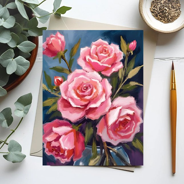 Carte Postale Bouquet de roses rose blush peint (Créateur téléchargé)