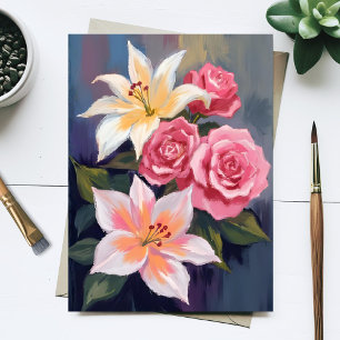 Carte Postale Bouquet de roses roses et lys blancs floral aquare