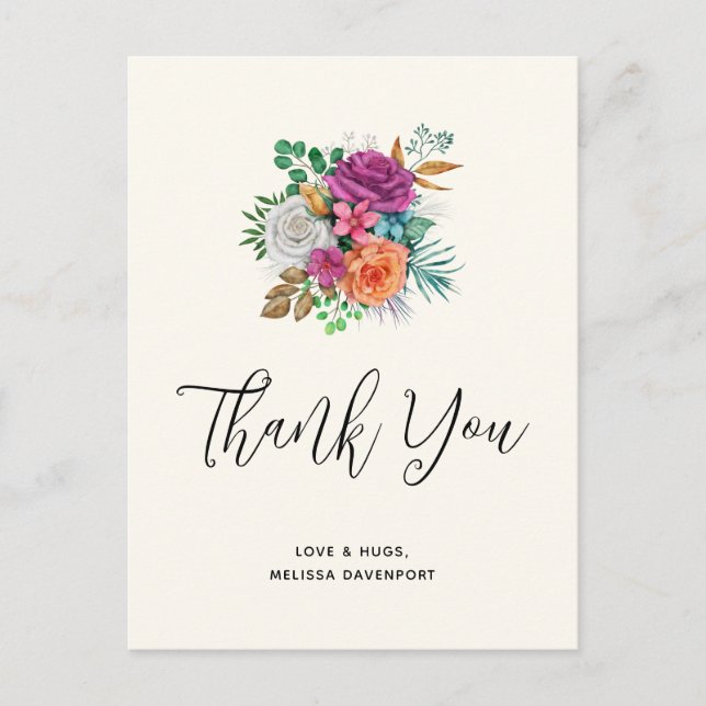 Carte Postale Bouquet de roses roses, orange et blanches Merci (Devant)