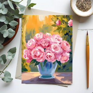 Carte Postale Bouquet de roses roses   Vase floral aquarelle