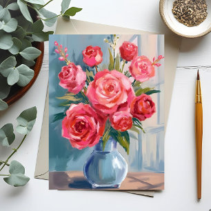 Carte Postale Bouquet de roses   Vase de fleurs rouges Aquarelle