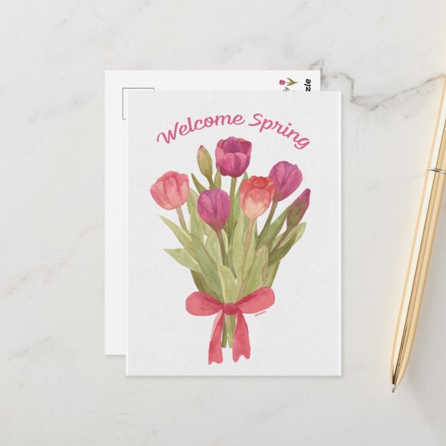 Carte postale bouquet de tulipes printanières joye (Devant/Arrière en situation)