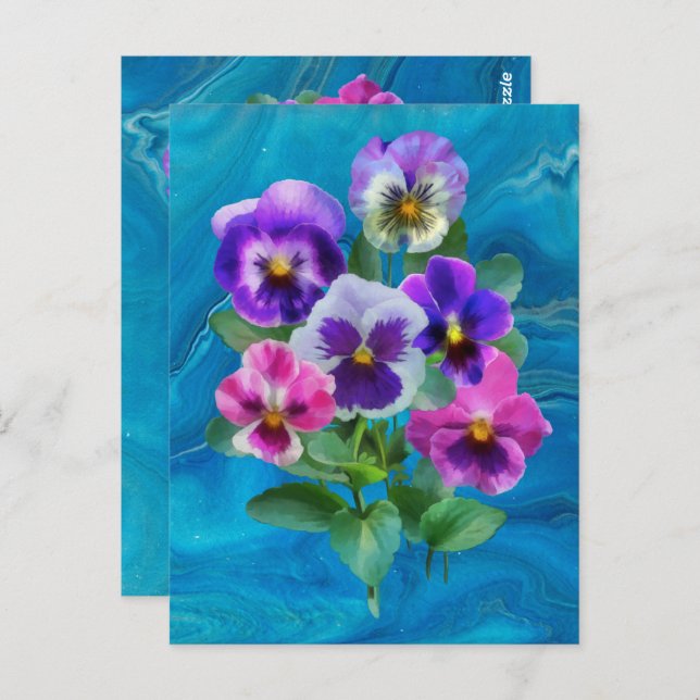 Carte Postale Bouquet de violettes fleurs de pensée MERCI (Devant / Derrière)